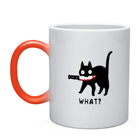 Кружка хамелеон с принтом WHAT & CAT в Белгороде, керамика | меняет цвет при нагревании, емкость 330 мл | art | black | black cat | cat | dark | dark cat | what | what cat | what mem | арт | вопрос | интернет мем | кот | кот арт | кот мем | кошачье лицо | кошачья мордочка | мем | нож | прикол | прикольный кот | убица | чёрный | чёрный кот
