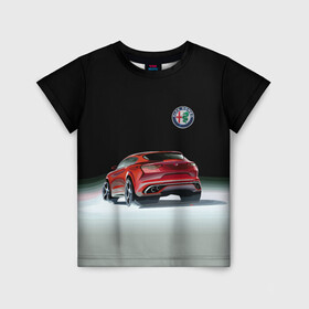 Детская футболка 3D с принтом Alfa Romeo в Белгороде, 100% гипоаллергенный полиэфир | прямой крой, круглый вырез горловины, длина до линии бедер, чуть спущенное плечо, ткань немного тянется | Тематика изображения на принте: alfa romeo | car | italy | motorsport | prestige | автоспорт | альфа ромео | италия | престиж