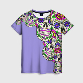 Женская футболка 3D с принтом Calavera 2 в Белгороде, 100% полиэфир ( синтетическое хлопкоподобное полотно) | прямой крой, круглый вырез горловины, длина до линии бедер | color | краски | мексиканский | череп