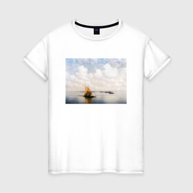 Женская футболка хлопок с принтом картина Айвазовского в Белгороде, 100% хлопок | прямой крой, круглый вырез горловины, длина до линии бедер, слегка спущенное плечо | айвазовский | корабль | море | облака | рисунок