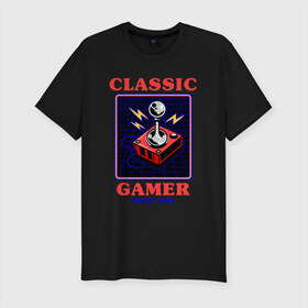 Мужская футболка премиум с принтом Classic Gamer в Белгороде, 92% хлопок, 8% лайкра | приталенный силуэт, круглый вырез ворота, длина до линии бедра, короткий рукав | 8 bit | 8 бит | 8bit | 8бит | boomer | dendy | game | gamer | games | geek | joystick | nerd | oldschool | sega | бумер | гик | дед | денди | джойстик | для гика | для гиков | игра | игры | классика | классические | нерд | олдскул | с