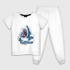 Детская пижама хлопок с принтом Злая акула в Белгороде, 100% хлопок |  брюки и футболка прямого кроя, без карманов, на брюках мягкая резинка на поясе и по низу штанин
 | Тематика изображения на принте: angry | big | evil | jaws | predator | scary | shark | storm | wave | waves | white | акула | акулы | белая | большая | волна | волны | выпрыгивает | злая | зубы | из воды | море | океан | охотник | пасть | плотоядная | рот | страшная | хищни