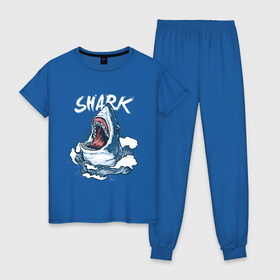 Женская пижама хлопок с принтом Злая акула в Белгороде, 100% хлопок | брюки и футболка прямого кроя, без карманов, на брюках мягкая резинка на поясе и по низу штанин | Тематика изображения на принте: angry | big | evil | jaws | predator | scary | shark | storm | wave | waves | white | акула | акулы | белая | большая | волна | волны | выпрыгивает | злая | зубы | из воды | море | океан | охотник | пасть | плотоядная | рот | страшная | хищни