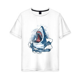 Женская футболка хлопок Oversize с принтом Злая акула в Белгороде, 100% хлопок | свободный крой, круглый ворот, спущенный рукав, длина до линии бедер
 | angry | big | evil | jaws | predator | scary | shark | storm | wave | waves | white | акула | акулы | белая | большая | волна | волны | выпрыгивает | злая | зубы | из воды | море | океан | охотник | пасть | плотоядная | рот | страшная | хищни