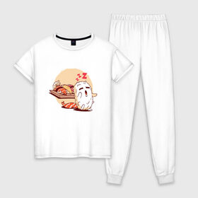 Женская пижама хлопок с принтом Суши Лунатик в Белгороде, 100% хлопок | брюки и футболка прямого кроя, без карманов, на брюках мягкая резинка на поясе и по низу штанин | cute | dream | i love | roll | rolls | sleeping | sleepwalker | sushi | вкусные | во сне | лунатизм | лунатик | люблю | милые | нямка | одеялко | одеяло | прикольные | проснулся | рис | ролл | роллы | с рисом | с семгой | семга | спит