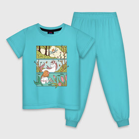 Детская пижама хлопок с принтом Зачарованный лес в Белгороде, 100% хлопок |  брюки и футболка прямого кроя, без карманов, на брюках мягкая резинка на поясе и по низу штанин
 | Тематика изображения на принте: comics | comix | enchanted | fairy | forest | mermaid | unicorn | бабочка | в лесу | единорог | единорожка | зачарованный | иллюстрация | комикс | красивая | лес | лесная | лесной | миф | мифические | природа | русалка