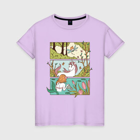 Женская футболка хлопок с принтом Зачарованный лес в Белгороде, 100% хлопок | прямой крой, круглый вырез горловины, длина до линии бедер, слегка спущенное плечо | comics | comix | enchanted | fairy | forest | mermaid | unicorn | бабочка | в лесу | единорог | единорожка | зачарованный | иллюстрация | комикс | красивая | лес | лесная | лесной | миф | мифические | природа | русалка