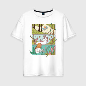 Женская футболка хлопок Oversize с принтом Зачарованный лес в Белгороде, 100% хлопок | свободный крой, круглый ворот, спущенный рукав, длина до линии бедер
 | Тематика изображения на принте: comics | comix | enchanted | fairy | forest | mermaid | unicorn | бабочка | в лесу | единорог | единорожка | зачарованный | иллюстрация | комикс | красивая | лес | лесная | лесной | миф | мифические | природа | русалка