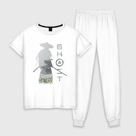 Женская пижама хлопок с принтом TRDGhoTsuhim в Белгороде, 100% хлопок | брюки и футболка прямого кроя, без карманов, на брюках мягкая резинка на поясе и по низу штанин | катана | отвага | призрак | самурай | честь