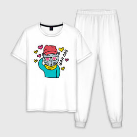 Мужская пижама хлопок с принтом Влюбленный кот-хипстер в Белгороде, 100% хлопок | брюки и футболка прямого кроя, без карманов, на брюках мягкая резинка на поясе и по низу штанин
 | 