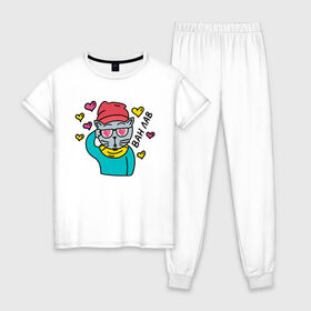 Женская пижама хлопок с принтом Влюбленный кот-хипстер в Белгороде, 100% хлопок | брюки и футболка прямого кроя, без карманов, на брюках мягкая резинка на поясе и по низу штанин | 