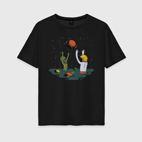 Женская футболка хлопок Oversize с принтом Космонавт и пришелец играют в Белгороде, 100% хлопок | свободный крой, круглый ворот, спущенный рукав, длина до линии бедер
 | Тематика изображения на принте: alien | aliens | astronaut | beach | cosmonaut | planet | planets | playing | plays | space | ufo | water polo | астронавт | в космосе | ватер поло | водной поло | волейбол | играют | инопланетянин | космический | космонавт | космос | нло | пля