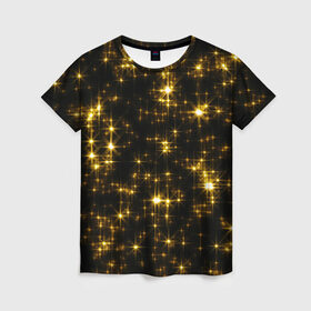 Женская футболка 3D с принтом Золотые звёзды в Белгороде, 100% полиэфир ( синтетическое хлопкоподобное полотно) | прямой крой, круглый вырез горловины, длина до линии бедер | блеск | звёзды | золото | ночь | сияние | темнота | черный