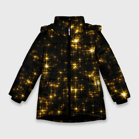 Зимняя куртка для девочек 3D с принтом Золотые звёзды в Белгороде, ткань верха — 100% полиэстер; подклад — 100% полиэстер, утеплитель — 100% полиэстер. | длина ниже бедра, удлиненная спинка, воротник стойка и отстегивающийся капюшон. Есть боковые карманы с листочкой на кнопках, утяжки по низу изделия и внутренний карман на молнии. 

Предусмотрены светоотражающий принт на спинке, радужный светоотражающий элемент на пуллере молнии и на резинке для утяжки. | блеск | звёзды | золото | ночь | сияние | темнота | черный