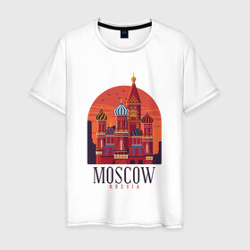 Мужская футболка хлопок с принтом Moscow Москва в Белгороде, 100% хлопок | прямой крой, круглый вырез горловины, длина до линии бедер, слегка спущенное плечо. | basil | church | city | kremlin | moscow | russia | saint | st basil church | symbol | василия блаженного | город | города | достопримечательности | достопримечательность | красная площадь | кремль | москва | отдых | россия | символ