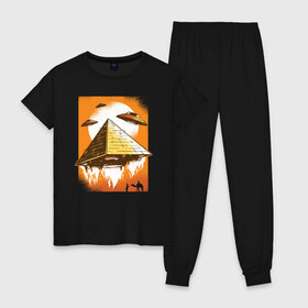 Женская пижама хлопок с принтом Пирамиды и НЛО в Белгороде, 100% хлопок | брюки и футболка прямого кроя, без карманов, на брюках мягкая резинка на поясе и по низу штанин | alien | aliens | pyramid | ufo | бедуин | верблюд | древняя | египет | инопланетяне | корабли | космические | летающая тарелка | летающие тарелки | марсиане | нло | пирамида | пирамиды | поставили | построили