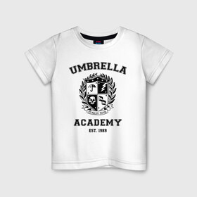 Детская футболка хлопок с принтом The Umbrella Academy в Белгороде, 100% хлопок | круглый вырез горловины, полуприлегающий силуэт, длина до линии бедер | Тематика изображения на принте: the umbrella academy | umbrella | академия амбрелла | амбрелла | герб | зонтик