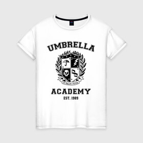 Женская футболка хлопок с принтом The Umbrella Academy в Белгороде, 100% хлопок | прямой крой, круглый вырез горловины, длина до линии бедер, слегка спущенное плечо | the umbrella academy | umbrella | академия амбрелла | амбрелла | герб | зонтик