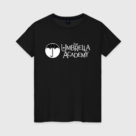 Женская футболка хлопок с принтом Академия Амбрелла в Белгороде, 100% хлопок | прямой крой, круглый вырез горловины, длина до линии бедер, слегка спущенное плечо | Тематика изображения на принте: the umbrella academy | umbrella | академия амбрелла | амбрелла | герб | зонтик