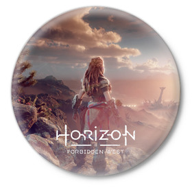 Значок с принтом Horizon Forbidden West в Белгороде,  металл | круглая форма, металлическая застежка в виде булавки | aloy | guerrilla games | horizon forbidden west | hunt | zero dawn | горизонт | запретный запад | игры | нулевой рассвет | охота | элой