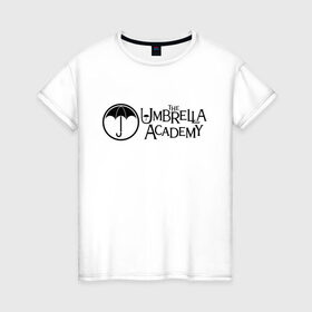 Женская футболка хлопок с принтом Академия Амбрелла в Белгороде, 100% хлопок | прямой крой, круглый вырез горловины, длина до линии бедер, слегка спущенное плечо | the umbrella academy | umbrella | академия амбрелла | амбрелла | герб | зонтик
