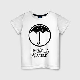 Детская футболка хлопок с принтом Академия Амбрелла в Белгороде, 100% хлопок | круглый вырез горловины, полуприлегающий силуэт, длина до линии бедер | the umbrella academy | umbrella | академия амбрелла | амбрелла | герб | зонтик