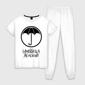 Женская пижама хлопок с принтом Академия Амбрелла в Белгороде, 100% хлопок | брюки и футболка прямого кроя, без карманов, на брюках мягкая резинка на поясе и по низу штанин | the umbrella academy | umbrella | академия амбрелла | амбрелла | герб | зонтик