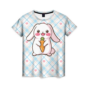 Женская футболка 3D с принтом Милый зайка в Белгороде, 100% полиэфир ( синтетическое хлопкоподобное полотно) | прямой крой, круглый вырез горловины, длина до линии бедер | веган | вегетарианец | животное | зайцы | зайчик | зайчонок | заяц | кролик | кроль | крольчонок | овощи | пушистик
