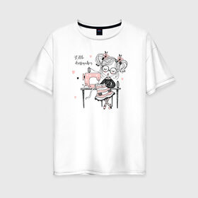 Женская футболка хлопок Oversize с принтом маленькая швея в Белгороде, 100% хлопок | свободный крой, круглый ворот, спущенный рукав, длина до линии бедер
 | handmade | иголка | хэндмэйд | швейная машинка | швея | шить