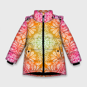 Зимняя куртка для девочек 3D с принтом Цветочный узор в Белгороде, ткань верха — 100% полиэстер; подклад — 100% полиэстер, утеплитель — 100% полиэстер. | длина ниже бедра, удлиненная спинка, воротник стойка и отстегивающийся капюшон. Есть боковые карманы с листочкой на кнопках, утяжки по низу изделия и внутренний карман на молнии. 

Предусмотрены светоотражающий принт на спинке, радужный светоотражающий элемент на пуллере молнии и на резинке для утяжки. | pattern | runes | знаки | иероглифы | орнамент | руны | символы | узор | фигуры