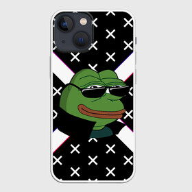 Чехол для iPhone 13 mini с принтом Pepe в очках EZ в Белгороде,  |  | ez | glitch | pepe | pepe frog | pepe в очках | silvername | twitch emout | жабка в очках | крестики