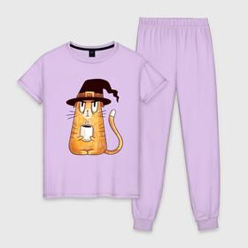 Женская пижама хлопок с принтом Сердитый котик с кофе в Белгороде, 100% хлопок | брюки и футболка прямого кроя, без карманов, на брюках мягкая резинка на поясе и по низу штанин | Тематика изображения на принте: cat | coffee | grumpy | hot | kitten | kitty | pussycat | witch | ароматный | в колпаке | в шляпе | ведьма | горячий | злой | кот | котик | котэ | кофе | кофеек | кошка | кружка | милый | не выспался | недовольный | прикол | сердитый