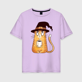 Женская футболка хлопок Oversize с принтом Сердитый котик с кофе в Белгороде, 100% хлопок | свободный крой, круглый ворот, спущенный рукав, длина до линии бедер
 | cat | coffee | grumpy | hot | kitten | kitty | pussycat | witch | ароматный | в колпаке | в шляпе | ведьма | горячий | злой | кот | котик | котэ | кофе | кофеек | кошка | кружка | милый | не выспался | недовольный | прикол | сердитый