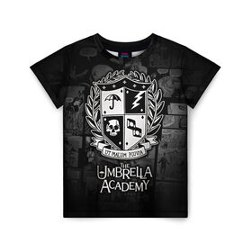 Детская футболка 3D с принтом Академия Амбрелла в Белгороде, 100% гипоаллергенный полиэфир | прямой крой, круглый вырез горловины, длина до линии бедер, чуть спущенное плечо, ткань немного тянется | the umbrella academy | umbrella | академия амбрелла | амбрелла | герб | зонтик | комиксы
