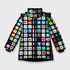 Зимняя куртка для девочек 3D с принтом Iphone and Apps Icons в Белгороде, ткань верха — 100% полиэстер; подклад — 100% полиэстер, утеплитель — 100% полиэстер. | длина ниже бедра, удлиненная спинка, воротник стойка и отстегивающийся капюшон. Есть боковые карманы с листочкой на кнопках, утяжки по низу изделия и внутренний карман на молнии. 

Предусмотрены светоотражающий принт на спинке, радужный светоотражающий элемент на пуллере молнии и на резинке для утяжки. | android | apk | apps | icon | iphone | iphone and apps icons | social | айфон | андроид | значок | приложение