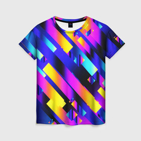 Женская футболка 3D с принтом Rectangle в Белгороде, 100% полиэфир ( синтетическое хлопкоподобное полотно) | прямой крой, круглый вырез горловины, длина до линии бедер | rectangle | абстракция | геометрия | градиент | неон | прямоугольник | фигуры
