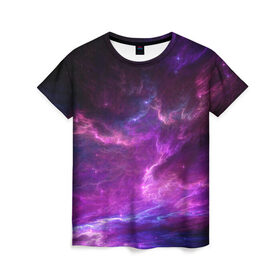 Женская футболка 3D с принтом Космическое небо в Белгороде, 100% полиэфир ( синтетическое хлопкоподобное полотно) | прямой крой, круглый вырез горловины, длина до линии бедер | арт | звёзды | космос | облако | розовый | синий | сияние | туманность | фиолетовый | яркие цвета