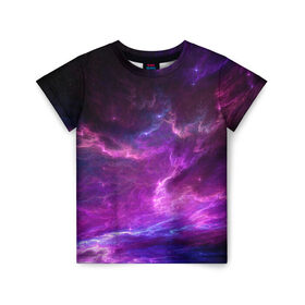 Детская футболка 3D с принтом Космическое небо в Белгороде, 100% гипоаллергенный полиэфир | прямой крой, круглый вырез горловины, длина до линии бедер, чуть спущенное плечо, ткань немного тянется | арт | звёзды | космос | облако | розовый | синий | сияние | туманность | фиолетовый | яркие цвета