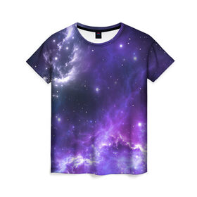 Женская футболка 3D с принтом Космическое небо в Белгороде, 100% полиэфир ( синтетическое хлопкоподобное полотно) | прямой крой, круглый вырез горловины, длина до линии бедер | арт | белый | бирюзовый | звёзды | космос | облако | розовый | синий | сияние | тёмный | туманность | фиолетовый | яркие цвета
