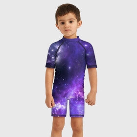 Детский купальный костюм 3D с принтом Космическое небо в Белгороде, Полиэстер 85%, Спандекс 15% | застежка на молнии на спине | арт | белый | бирюзовый | звёзды | космос | облако | розовый | синий | сияние | тёмный | туманность | фиолетовый | яркие цвета