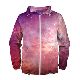 Мужская ветровка 3D с принтом Космическое небо в Белгороде, 100% полиэстер | подол и капюшон оформлены резинкой с фиксаторами, два кармана без застежек по бокам, один потайной карман на груди | арт | желтый | звёзды | космос | облако | оранжевый | розовый | сияние | туманность | фиолетовый | яркие цвета