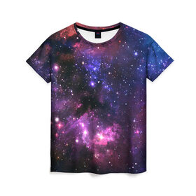 Женская футболка 3D с принтом Космическое небо в Белгороде, 100% полиэфир ( синтетическое хлопкоподобное полотно) | прямой крой, круглый вырез горловины, длина до линии бедер | арт | звёзды | космос | красный | облако | розовый | синий | сияние | темный | туманность | фиолетовый | яркие цвета