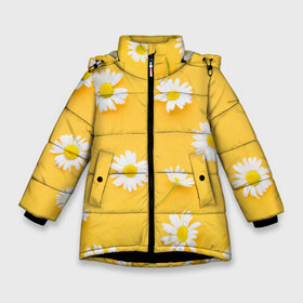 Зимняя куртка для девочек 3D с принтом Жёлтый и Ромашка в Белгороде, ткань верха — 100% полиэстер; подклад — 100% полиэстер, утеплитель — 100% полиэстер. | длина ниже бедра, удлиненная спинка, воротник стойка и отстегивающийся капюшон. Есть боковые карманы с листочкой на кнопках, утяжки по низу изделия и внутренний карман на молнии. 

Предусмотрены светоотражающий принт на спинке, радужный светоотражающий элемент на пуллере молнии и на резинке для утяжки. | жёлтый | лето | ромашка | цветочки | цветы