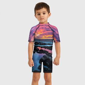 Детский купальный костюм 3D с принтом Закат в Белгороде, Полиэстер 85%, Спандекс 15% | застежка на молнии на спине | вечер | вода | волна | волны | восход | горизонт | запад | капли | крабы | луна | море | небо | ночь | облака | океан | оранжевая | оранжевый | остров | пейзаж | пляж | радуга | ракушки | рассвет | синий
