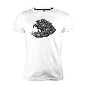 Мужская футболка премиум с принтом Архаичная рыба в Белгороде, 92% хлопок, 8% лайкра | приталенный силуэт, круглый вырез ворота, длина до линии бедра, короткий рукав | голова | гравюра | зубы | кости | рыба | скелет | череп