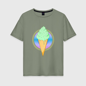 Женская футболка хлопок Oversize с принтом Мятное мороженое в Белгороде, 100% хлопок | свободный крой, круглый ворот, спущенный рукав, длина до линии бедер
 | вафля | вкусно | круг | лето | мороженое | подтеки | посыпка | свечение | сладости