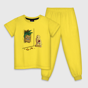 Детская пижама хлопок с принтом Пицца с ананасами в Белгороде, 100% хлопок |  брюки и футболка прямого кроя, без карманов, на брюках мягкая резинка на поясе и по низу штанин
 | Тематика изображения на принте: broken door | evil | here pineapple | heres johhny | heres pineapple | parody | pineapple | pizza | rage | raging | а вот и ананас | а вот и джонни | ананас | злобная | злобный | нож | пародия | пицца | с ножом | сияние | сломал дверь | через дв