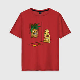 Женская футболка хлопок Oversize с принтом Пицца с ананасами в Белгороде, 100% хлопок | свободный крой, круглый ворот, спущенный рукав, длина до линии бедер
 | broken door | evil | here pineapple | heres johhny | heres pineapple | parody | pineapple | pizza | rage | raging | а вот и ананас | а вот и джонни | ананас | злобная | злобный | нож | пародия | пицца | с ножом | сияние | сломал дверь | через дв