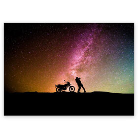 Поздравительная открытка с принтом Звёздный пейзаж в Белгороде, 100% бумага | плотность бумаги 280 г/м2, матовая, на обратной стороне линовка и место для марки
 | Тематика изображения на принте: astronomy | байк | вселенная | звезда | звёзды | космос | любовь | люди | мопед | мото | мотоцикл | пейзаж | свидание | человек