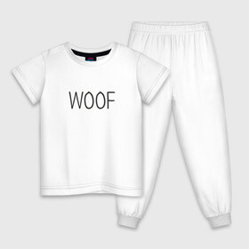 Детская пижама хлопок с принтом Woof в Белгороде, 100% хлопок |  брюки и футболка прямого кроя, без карманов, на брюках мягкая резинка на поясе и по низу штанин
 | Тематика изображения на принте: woof | животные | звери | надпись | пёс | песокафе | питомцы | собака | собаки | собачка | щенок